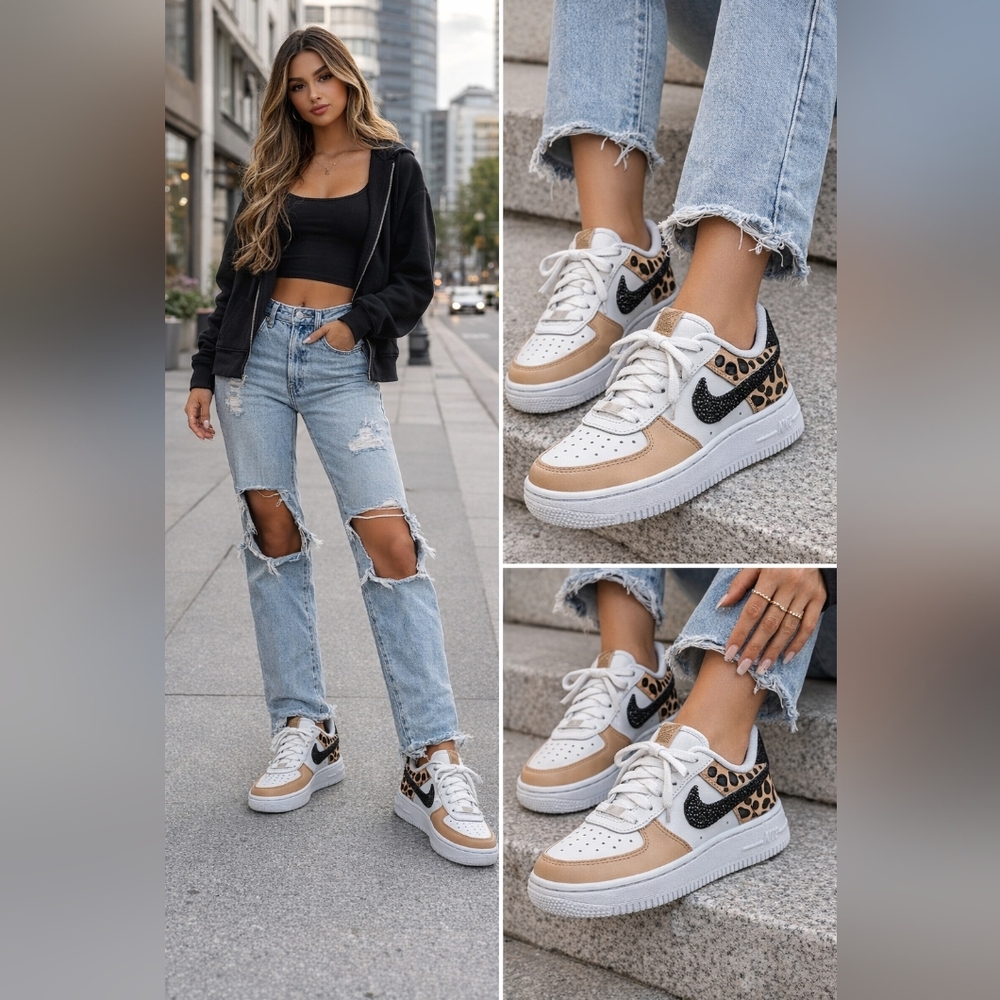 Custom Nike Air Force 1 '07 Leopard Print & Black Rhinestone Swoosh – Women’s - Picture 1 of 6
